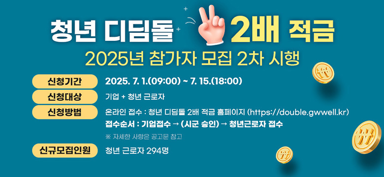 청년 디딤돌 2배 적금
2025년 참가자 모집 2차 시행
신청기간 : 2025.7.1.(09:00) ~ 7.15.(18:00)
신청대상 : 기업+청년 근로자
신청방법 :  온라인 접수 : 청년 디딤돌 2배 적금 홈페이지 (https://double.gwwell.kr)
접수순서 : 기업접수 > (시군 승인) > 청년근로자 접수
신규모집인원 : 청년 근로자 294명