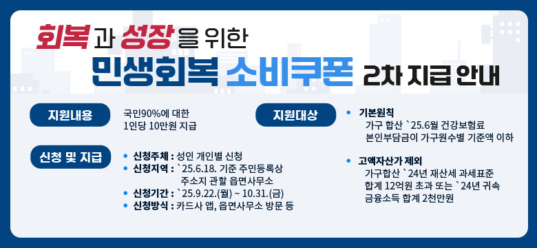 회복과 성장을 위한 민생회복 소비쿠폰 2차 지급 안내
1. 지원내용
 - 국민90%에 대한 1인당 10만원 지급
2. 지원대상
 - 기본원칙 : 가구 합산 `25.6월 건강보험료 본인부담금이 가구원수별 기준액 이하
 - 고액자산가 제외 : 가구합산 `24년 재산세 과세표준 합계 12억원 초과 또는 `24년 귀속 금융소득 합계 2천만원 초과
3. 신청 및 지급
 - 신청주체 : 성인 개인별 신청
 - 신청지역 : `25.6.18. 기준 주민등록상 주소지 관할 읍면사무소
 - 신청기간 : `25.9.22.(월) ~ 10.31.(금)
 - 신청방식 : 카드사 앱, 읍면사무소 방문 등