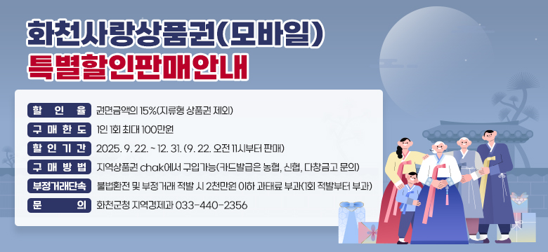 화천사랑상품권(모바일)
특별할인판매안내
할인율     권면금액의 15%(지류형 상품권 제외)
구매한도     1인 1회 최대 100만원
할인기간     2025. 9. 22. ~ 12. 31. (9. 22. 오전 11시부터 판매)
구매방법     지역상품권 chak에서 구입가능(카드발급은 농협, 신협, 다창금고 문의)
부정거래단속     불법환전 및 부정거래 적발 시 2천만원 이하 과태료 부과(1회 적발부터 부과)
문의     화천군청 지역경제과 033-440-2356