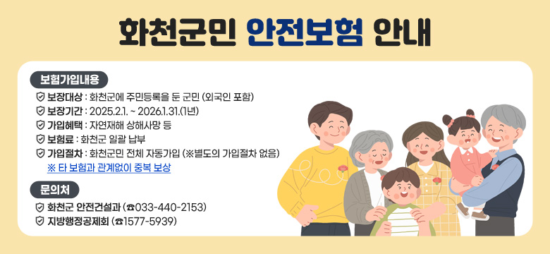 화천군민 안전보험 안내

○ 보험가입내용
 - 보장대상 : 화천군에 주민등록을 둔 군민 (외국인 포함)
 - 보장기간 : 2025.2.1. ~ 2026.1.31.(1년)
 - 가입혜택 : 자연재해 상해사망 등
 - 보험료 : 화천군 일괄 납부
 - 가입절차 : 화천군민 전체 자동가입 (※별도의 가입절차 없음)
   ※ 타 보험과 관계없이 중복 보상
○ 문의처 : 화천군 안전건설과(033-440-2153), 지방행정공제회(1577-5939)