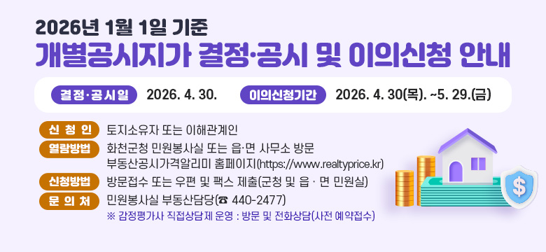 2026년 1월 1일 기준 개별공시지가 결정·공시 및 이의신청 안내
❍ 결정·공시일 : 2026. 4. 30.
❍ 이의신청기간 : 2026. 4. 30(목). ~5. 29.(금)
❍ 신 청 인 : 토지소유자 또는 이해관계인
❍ 열람방법 : 화천군청 민원봉사실 또는 읍·면 사무소 방문
부동산공시가격알리미 홈페이지(https://www.realtyprice.kr)
❍ 신청방법 : 방문접수 또는 우편 및 팩스 제출(군청 및 읍ㆍ면 민원실)
❍ 문의처 : 민원봉사실 부동산담당(☎ 440-2477)
※ 감정평가사 직접상담제 운영 : 방문 및 전화상담(사전 예약접수)